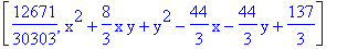 [12671/30303, x^2+8/3*x*y+y^2-44/3*x-44/3*y+137/3]